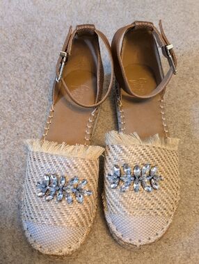 Beige Woven Espadrille Sandals with Crystal Detail